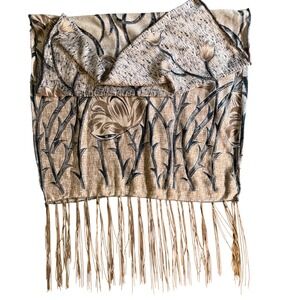Elegant Floral Scarf Shawl Beige Brown Black Tassel Accent Statement Accessory